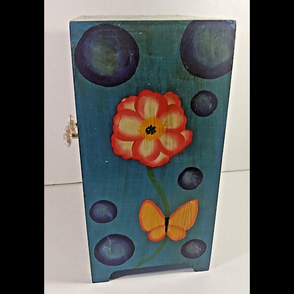 Mini Jewelry Armoire Box Vintage Floral 11x8x6in Wood Butterfly Stripe Sunflower - Picture 2 of 7